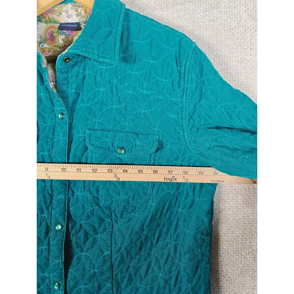 Westbound Womens M Teal Quilted Corduroy Button Front Jacket Paisley Cuff Lining